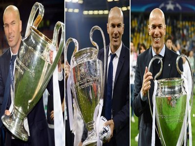 Montage des trois titres consécutifs en Ligue des Champions (2016, 2017 et 2018) du Real Madrid, entraîné par le Français Zinédine Zidane - GABRIEL BOUYS                     , Filippo MONTEFORTE, Franck FIFE [AFP/Archives]