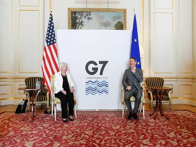 La Secrétaire du Trésor des Etats-Unis Janet Yellen (G) avec le président de l'Eurogroup Paschal Donohoe dans le cadre du G7 Finance à Londres, le 5 juin 2021 - Alberto Pezzali [POOL/AFP]