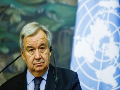 Antonio Guterres, secrétaire général de l'ONU, le 12 mai 2021 à Moscou - MAXIM SHEMETOV [POOL/AFP/Archives]