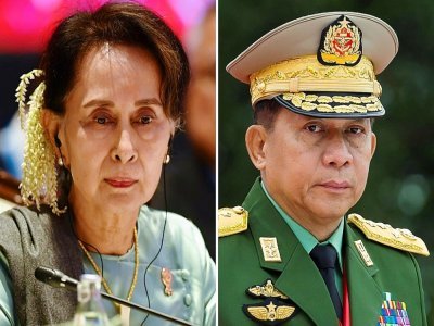 L'ex-dirigeante birmane Aung San Suu Kyi à Bangkok le 4 novembre 2019 et le chef de la junte Min Aung Hlaing à Rangoun le 19 juillet 2018 - Lillian SUWANRUMPHA, STR [AFP/Archives]
