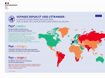 Le gouvernement français a établit une classification des pays en fonction de la circulation du virus. Le Royaume-Uni figure parmi les pays "orange".  - gouvernement.fr