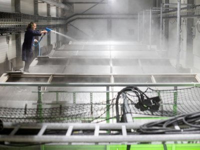 Une employée enlève des dépôts de vase dans la première ferme à saumon terrestre de Norvège, à Fredrikstad, le 10 juin 2021 - Petter BERNTSEN [AFP]
