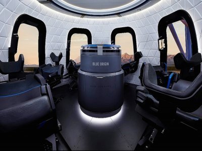 Photo fournie le 1er juillet 2021 par la société Blue Origin montrant l'intérieur de la capsule de son vaisseau - Handout [BLUE ORIGIN/AFP]