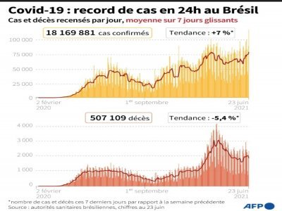 Cas de Covid-19 et décès quotidiens liés au Covid-19 officiellement recensés au Brésil, au 23 juin - [AFP/Archives]