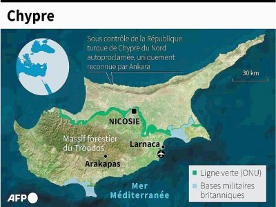 Carte de Chypre localisant Arakapas et le massif forestier du Troodos - [AFP]