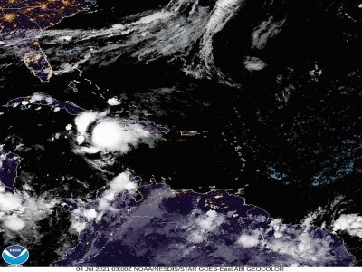 Image satellite de la tempête tropicale Elsa se dirigant vers Cuba, le 4 juillet 2021 - - [NOAA/AFP]