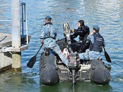 Une patrouillle de la marine italienne à Venise, pendant le sommet du G20 Finances le 9 juillet 2021 - Andreas SOLARO [AFP]