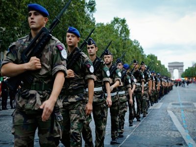 Entrainement au défilé militaire, le 12 juillet 2021 sur les Champs-Elysées à Paris - GEOFFROY VAN DER HASSELT [AFP]