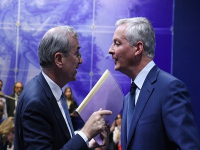 Le gouverneur de la Banque de France Francois Villeroy de Galhau et le ministre de l'Economie Bruno Le Maire, lors d'une conférence à Paris le 16 juillet 2019 - ERIC PIERMONT [AFP/Archives]
