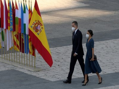 Le roi d'Espagne Felipe VI et la reine Letizia participent à une cérémonie à la mémoire des victimes du Covid-19 à Madrid, le 15 juillet 2021 - OSCAR DEL POZO [AFP]