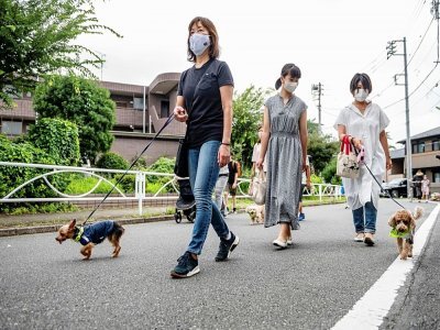 Des membres de la patrouille "Wan-Wan" ("ouaf ouaf" en japonais), dans une rue de Tokyo, le 14 juillet 2021 - Philip FONG [AFP]