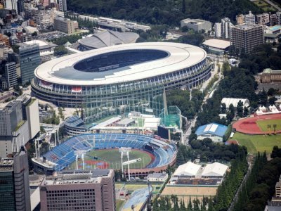 Vue aérienne du Stade national japonais, lieu principal des Jeux olympiques, à Tokyo, le 19 juillet 2021 - Behrouz MEHRI [AFP]