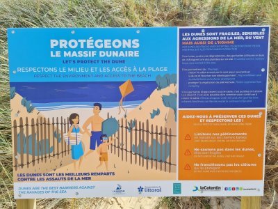 Voici l'un des panneaux installé à l'entrée de la plage de Surtainville, écrit à la fois en français et en anglais. 