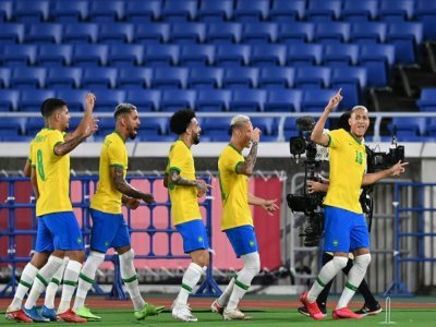 La joie de l'attaquant brésilien Richarlison, après avoir ouvert le score face à l'Allemagne, lors de leur match (groupe D) du 1er tour aux Jeux Olympiques, le 22 juillet 2021 à Yokohama - DANIEL LEAL-OLIVAS [AFP]