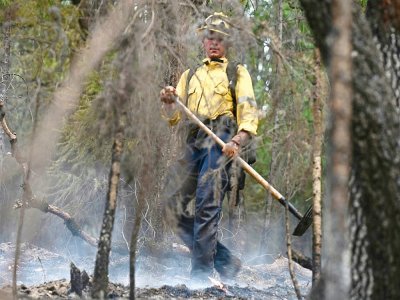 Un pompier éteint de la végétation noircie par les flammes du Dixie Fire, à Twain, en Californie, le 26 juillet 2021 - Robyn Beck [AFP]