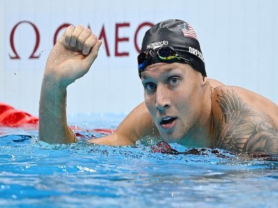 L'Américain Caeleb Dressel vainqueur de sa demi-finale du 100 m libre au centre aquatique des Jeux de Tokyo, le 28 juillet 2021 - Oli SCARFF [AFP]