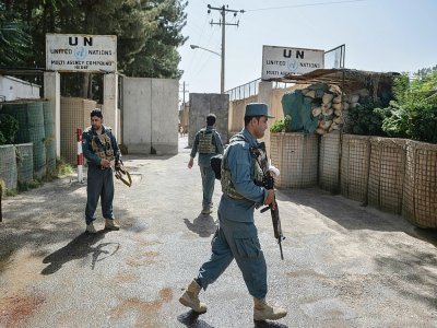 Forces afghanes déployées autour des locaux de la Mission de l'ONU en Afghanistan (Unama), attaqués vendredi, à Hérat, dans l'ouest de l'Afghanistan, le 31 juillet 2021 - HOSHANG HASHIMI [AFP]