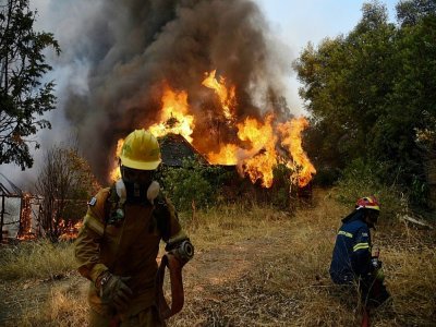Des pompiers luttent contre un incendie à Labiri, près de Patras, en Grèce, le 31 juillet 2021 - STR [Eurokinissi/AFP]