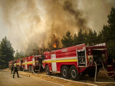 Des pompiers slovaques essayent d'éteindre le feu de forêt près du village de Avgaria sur l'île grecque d'Eubée le 10 août 2021 - ANGELOS TZORTZINIS [AFP]