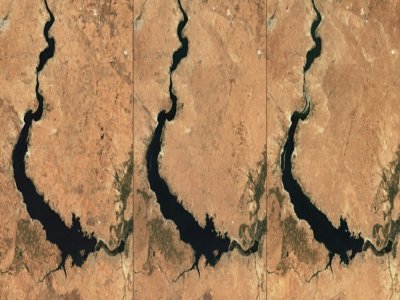 (g-d)Images satellites fournies par l'Agence spatiale européenne prises les 21 août 2019, 25 août 2020 et 25 août 2021 montrant une vue générale du réservoir Tichrine, du barrage Tichrine et du lac Assad dans le centre de la Syrie - - [EUROPEAN SPACE AGENCY/AFP]