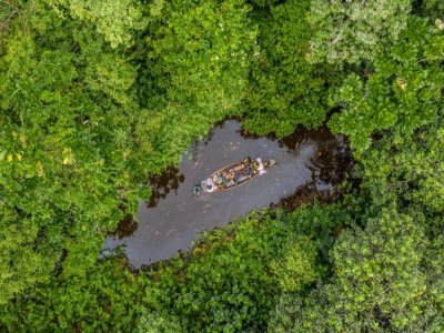 Vue aérienne d'une pirogue dans la forêt de Hlanzoun, au Bénin, le 9 juillet 2021 - Yanick Folly [AFP]