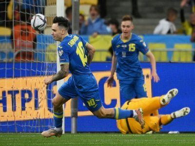 Mykola Shaparenko vient d'ouvrir le score pour l'Ukraine contre la France à Kiev, le 4 septembre 2021 - FRANCK FIFE [AFP]