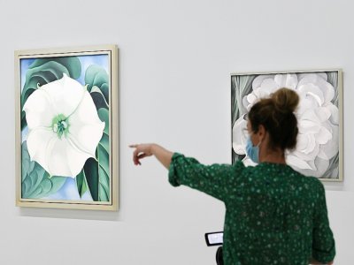 Tableaux de Georgia O'Keefe exposés le 6 septembre 2021 au Centre Pompidou, à Paris, qui lui consacre une rétrospective - ALAIN JOCARD [AFP]