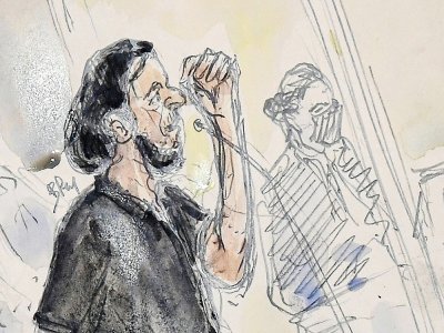 Sketch de Salah Abdeslam lors du premier jour du procès des attentats du 13-novembre au Palais de Justice à Paris, le 8 septembre 2021 - Benoit PEYRUCQ [AFP]