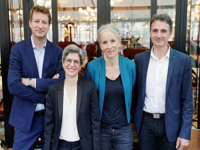 Quatre des cinq candidats écologistes réunis le 12 juillet 2021 à Paris: Yannick Jadot, Sandrine Rousseau, Delphine Batho et Eric Piolle - GEOFFROY VAN DER HASSELT [AFP/Archives]