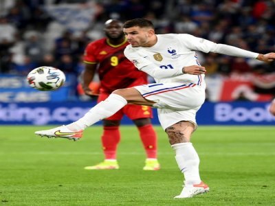 Lucas Hernandez au cours de la demi-finale de Ligue des Nations entre la France et la Belgique, le 7 octobre 2021 à Turin - FRANCK FIFE [AFP/Archives]