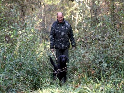 Darko Muzica, président de l'Association des chasseurs de truffes d'Istrie, marche dans la forêt avec son chien près de Motovun, le 27 octobre 2021 en Croatie - Damir SENCAR [AFP]