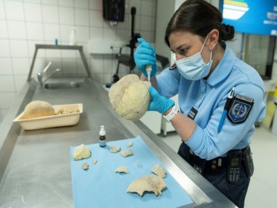 Le lieutenant Gaëlle Placet anthropologue de l'IRCGN examine des ossements humains au Centre judiciaire de la gendarmerie française à Cergy dans le Val-d'Oise, le 22 novembre 2021 - Thomas SAMSON [AFP]