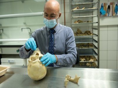 Aimé Conigliaro, expert odontologue civil de l'IRCGN examine des dents sur une mandibule humaine au Centre judiciaire de la gendarmerie française à Cergy dans le Val-d'Oise, le 22 novembre 2021 - Thomas SAMSON [AFP]