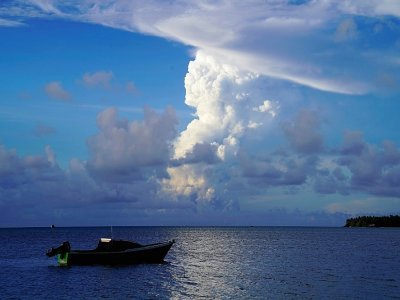 Des nuages de gaz envahissent le ciel des Tongas vu de la côte près de la capitale, lors de la première éruption du volcan Hunga Ha'apai, le 21 décembre 2021 - Mary Lyn FONUA [AFP]