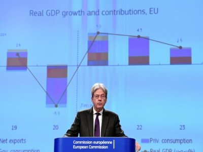 Le commissaire européen à l'Economie, Paolo Gentiloni, lors d'une conférence de presse à Bruxelles, le 11 novembre 2021 - JOHN THYS [AFP]