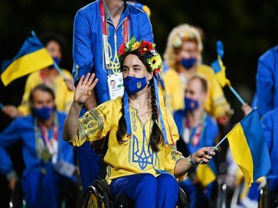 Des membres de l'équipe paralympique ukrainienne lors de la cérémonie d'ouverture des Jeux de Tokyo-2020, le 24 août 2021 - Philip FONG [AFP/Archives]