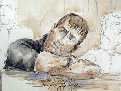Croquis d'audience montrant Yvan Colonna au premier jour de son procès le 12 novembre 2007 à Paris - BENOIT PEYRUCQ [AFP/Archives]