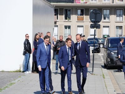 Dans le cadre de la campagne du second tour de la présidentielle, Emmanuel Macron se déplace au Havre ce jeudi 14 avril. Ici avec Bertrand Bellanger, président de la Seine-Maritime, et Edouard Philippe, maire du Havre.