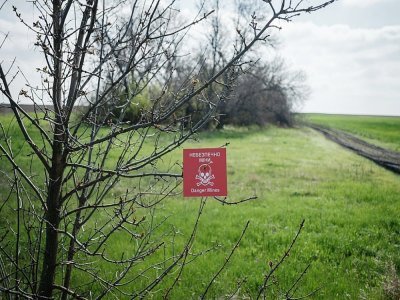 Un champ de mines sur le front à Barvinkove, dans l'est de l'Ukraine, le 25 avril 2022 - Yasuyoshi CHIBA [AFP]