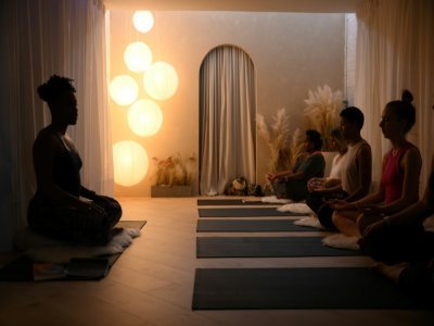 Stacie Graham et ses élèves lors d'un cours de yoga dans son studio de Londres, le 14 juillet 2022 - Daniel LEAL [AFP]