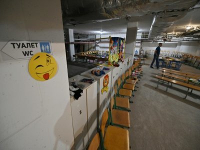 Un abri souterrain préparé pour les élèves avant la rentrée scolaire, le 29 août 2022 à Kiev, en Ukraine - Genya SAVILOV [AFP]