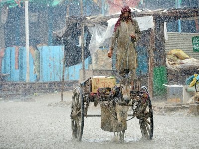 Un homme conduit sa charrette tirée par un âne sous une forte pluie à Dera Allah Yar, dans la province du Baloutchistan, le 30 août 2022 au Pakistan - Fida HUSSAIN [AFP/Archives]
