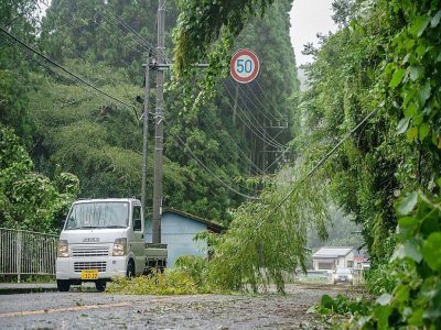 Une voiture passe sur une route partiellement barrée par un arbre tombé dans le sillage du typhon Nanmadol à Izumi, dans la préfecture de Kagoshima, le 19 septembre 2022 - Yuichi YAMAZAKI [AFP]