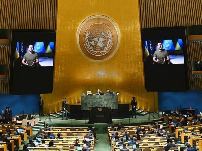 Le président ukrainien Volodymyr Zelensky s'exprime par vidéo, le 21 septembre 2022, à la 77e assemblée générale de l'ONU à New York - ANGELA WEISS [AFP]