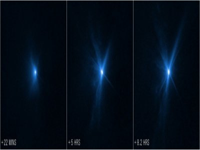 Images de l'impact de Dart prises par le télescope Hubble à 22 minutes, 5 heures et 8 heures après la collision - Handout [ESA/WEBB/AFP]