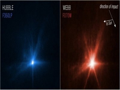 Les images des télescopes James Webb et Hubble montrent en détail les conséquences de l'impact du vaisseau Dart de la Nasa sur l'astéroïde Dimorphos, le 26 septembre 2022 - Handout [ESA/WEBB/AFP]