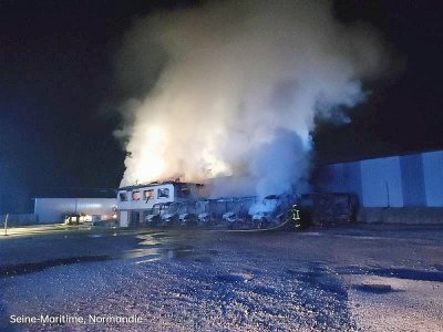 Une quarantaine de pompiers ont été mobilisés pour incendie au dépôt de la société Hangard à Yvetot.  - Sdis 76