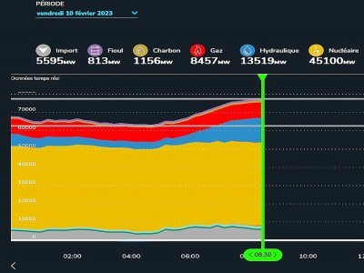 La production d'électricité à base de fuel (ligne en violet en haut du graphique de la consommation du 10 février) n'est que de 1%, mais détermine le prix de l'électricité. - Source: RTE