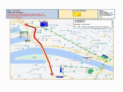 Le pont Flaubert de Rouen est fermé de 20 heures à 6 heures dans le sens rive gauche / rive droite en raison de travaux de maintenance du lundi 17 au mercredi 19 avril. - DIRNO