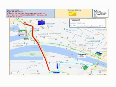 Le pont Flaubert de Rouen est fermé de 20 heures à 6 heures dans le sens rive droite / rive gauche en raison de travaux de maintenance du mercredi 19 au vendredi 21 avril. - DIRNO